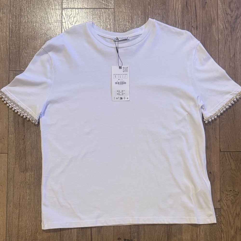 Zara White Top with Pearl Sleeve Detail